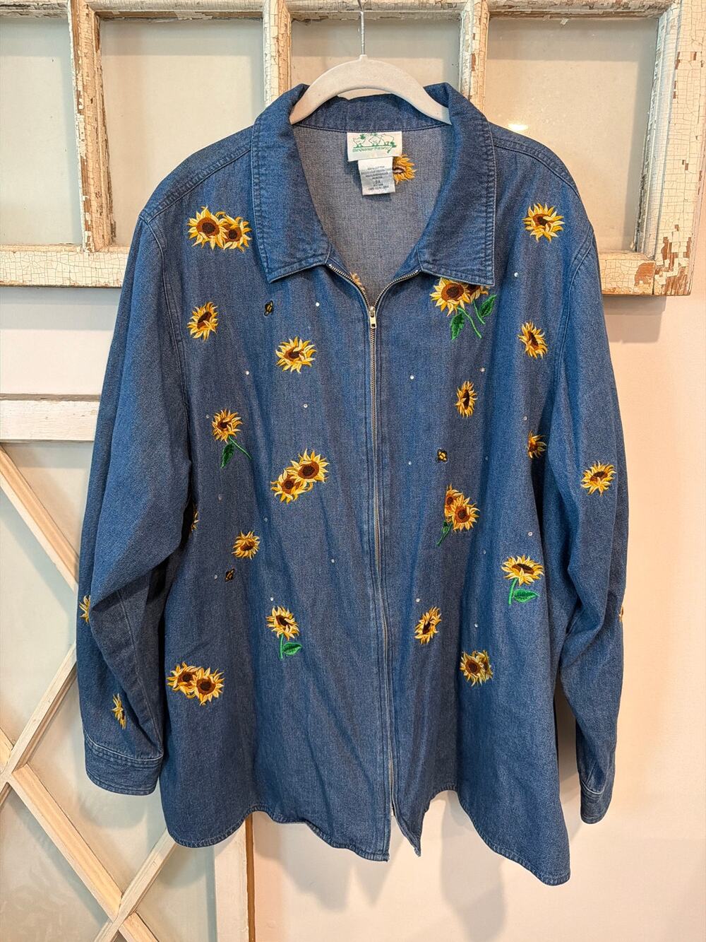 The Quacker Factory size 3X denim jacket with embroidered sunflowers